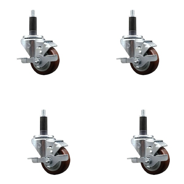 3'' Maroon Poly Swivel 1'' Expanding Stem Caster Set with Brake, 4PK